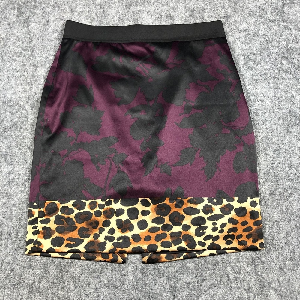 Express Skirt Womens 10 Purple Black Floral Leopard Satin Pencil Lined Stretch